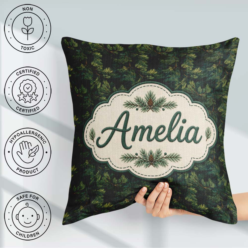 Custom Name Minimal Pine Needle Sprig on Light Background Lovely Square Filled Cushion Throw Pillow Sofa Bed Home Decor Zip Washable UK Made