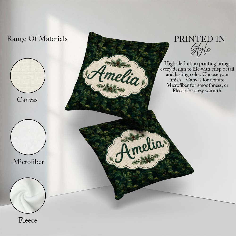 Custom Name Minimal Pine Needle Sprig on Light Background Lovely Square Filled Cushion Throw Pillow Sofa Bed Home Decor Zip Washable UK Made