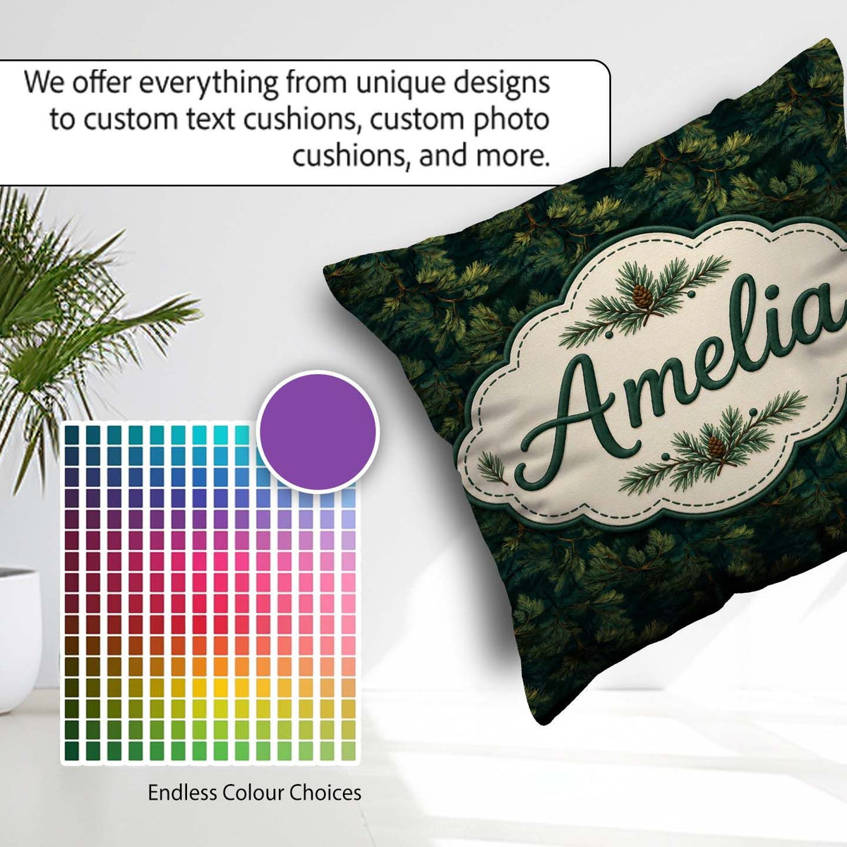 Custom Name Minimal Pine Needle Sprig on Light Background Lovely Square Filled Cushion Throw Pillow Sofa Bed Home Decor Zip Washable UK Made