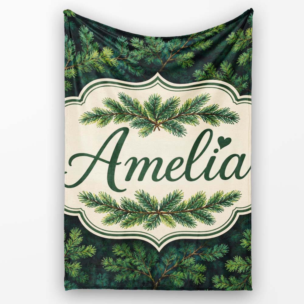 Vintage Pine Tree Repeat Pattern on Beige Background Lovely Personalised Custom Name Super Soft Fleece Blanket Bed Sofa Throw