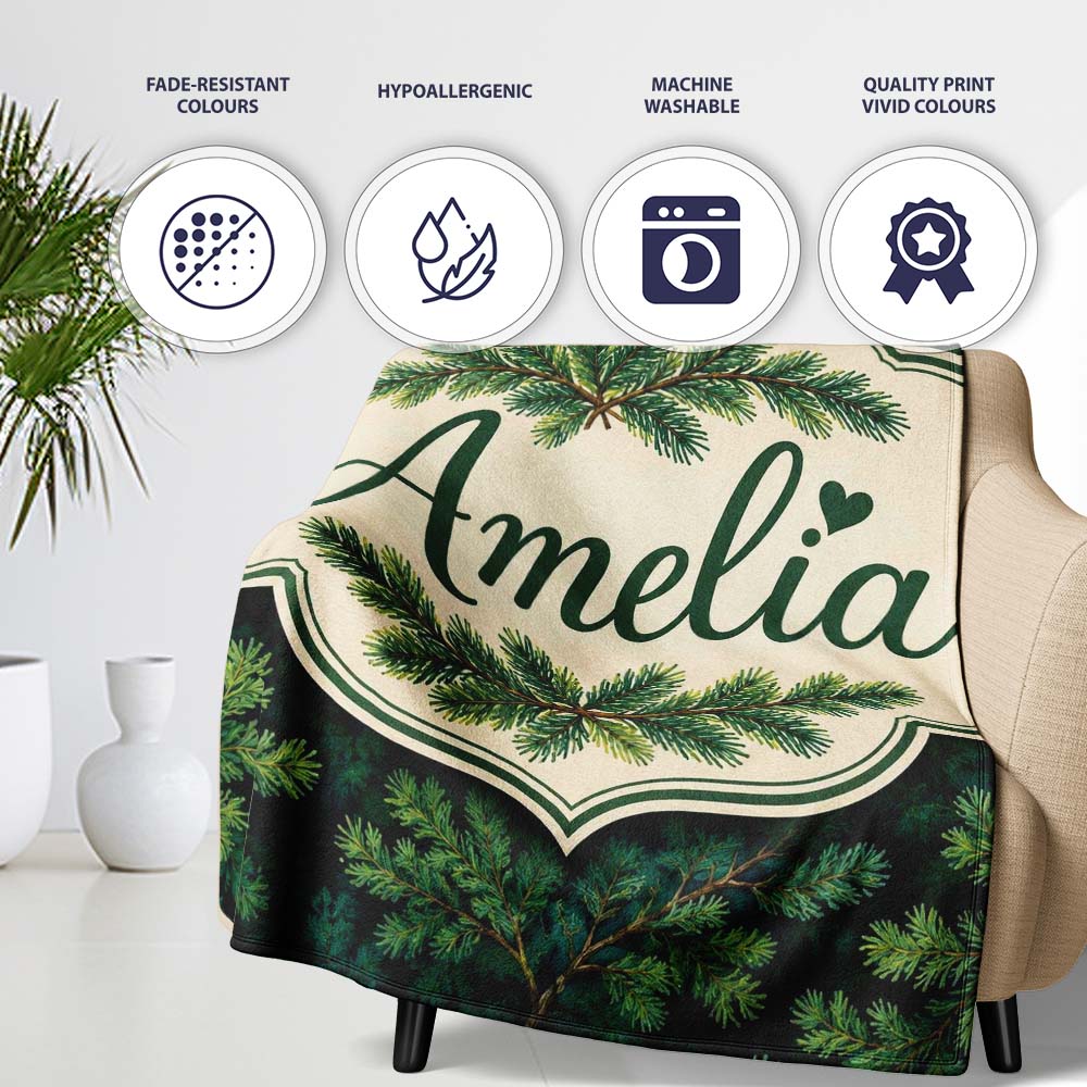 Vintage Pine Tree Repeat Pattern on Beige Background Lovely Personalised Custom Name Super Soft Fleece Blanket Bed Sofa Throw