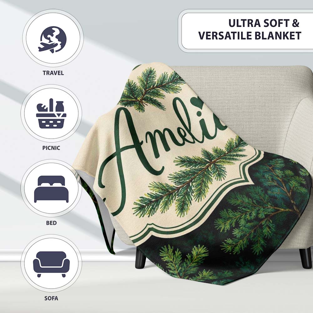 Vintage Pine Tree Repeat Pattern on Beige Background Lovely Personalised Custom Name Super Soft Fleece Blanket Bed Sofa Throw