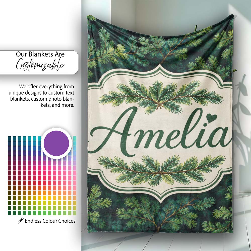 Vintage Pine Tree Repeat Pattern on Beige Background Lovely Personalised Custom Name Super Soft Fleece Blanket Bed Sofa Throw