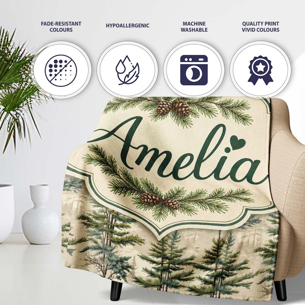 Pine Branch with White Blossom Pattern on Light Background Lovely Personalised Custom Name Super Soft Fleece Blanket Bed Sofa Throw