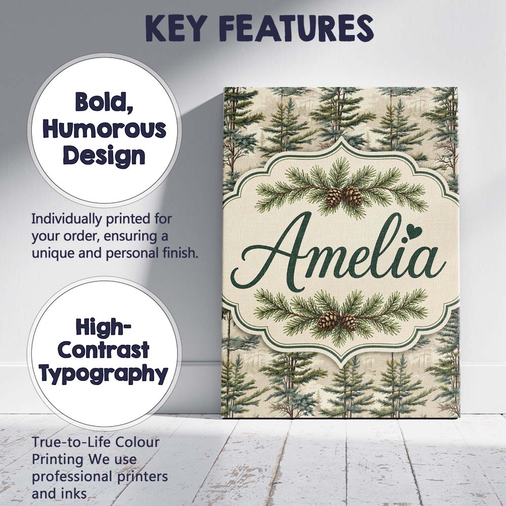 Personalised Name Pine Branch with White Custom Unique Gift Idea Elegant Feature Canvas Wall Art Print Decor Picture Ready to Hang