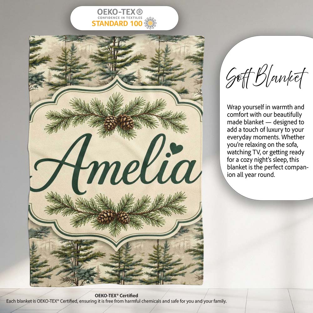 Pine Branch with White Blossom Pattern on Light Background Lovely Personalised Custom Name Super Soft Fleece Blanket Bed Sofa Throw