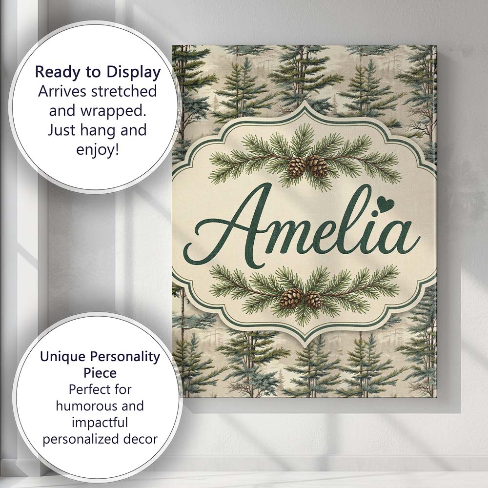 Personalised Name Pine Branch with White Custom Unique Gift Idea Elegant Feature Canvas Wall Art Print Decor Picture Ready to Hang