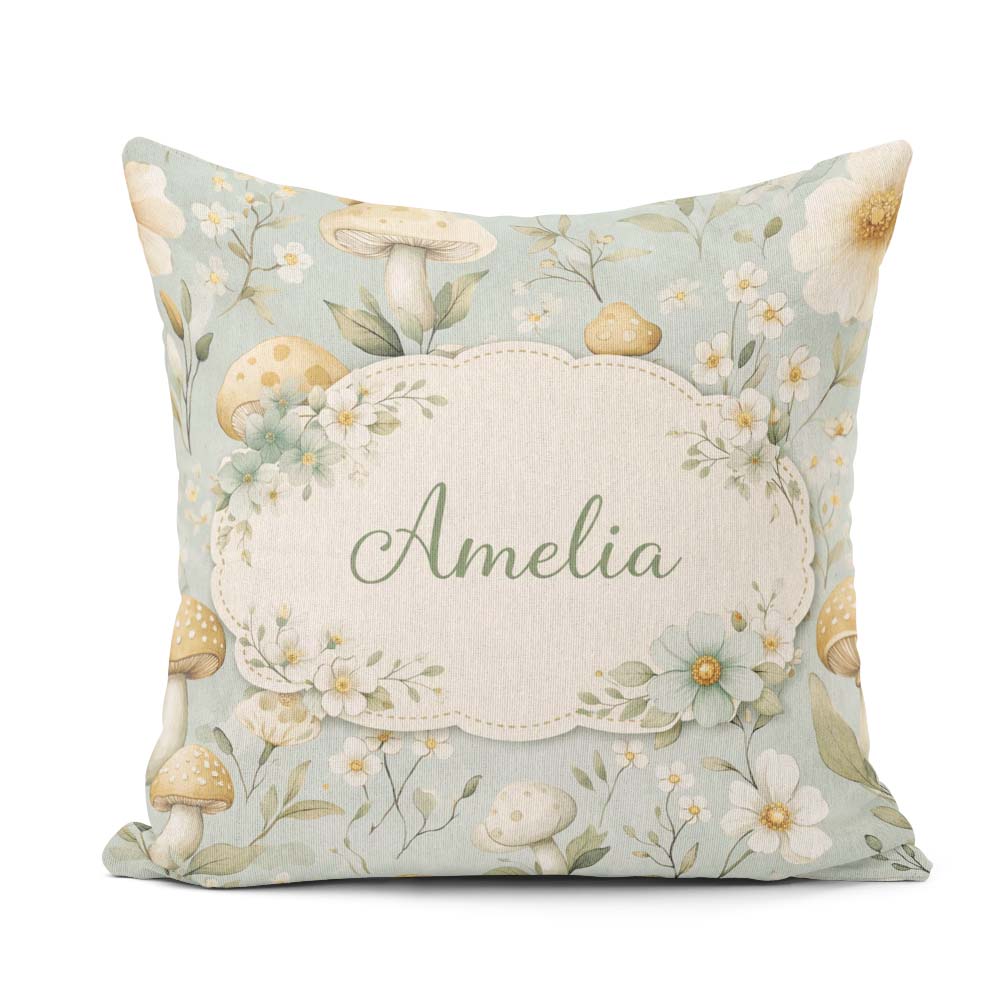 Custom Name Mushroom Botanical Seamless Pattern Cute Unique Gift Square Filled Cushion Throw Pillow Sofa Bed Home Decor Zip Washable UK Made