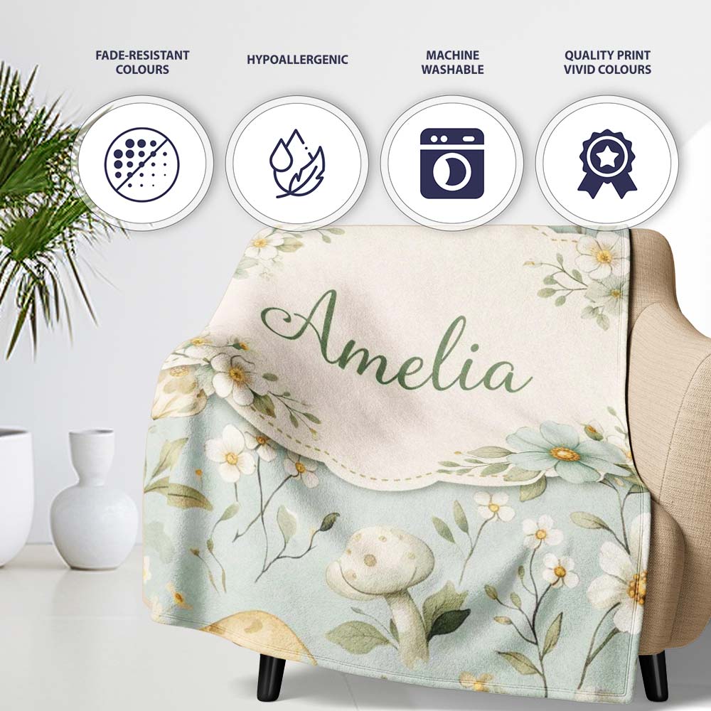 Mushroom Botanical Seamless Pattern Cute Unique Gift Lovely Personalised Custom Name Super Soft Fleece Blanket Bed Sofa Throw