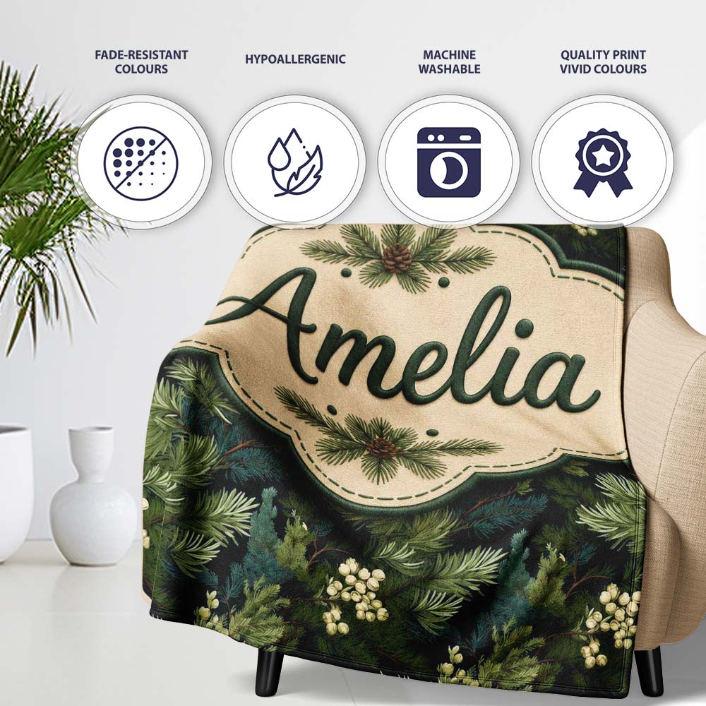Small Pine Tree Repeat Pattern on Neutral Background Lovely Personalised Custom Name Super Soft Fleece Blanket Bed Sofa Throw