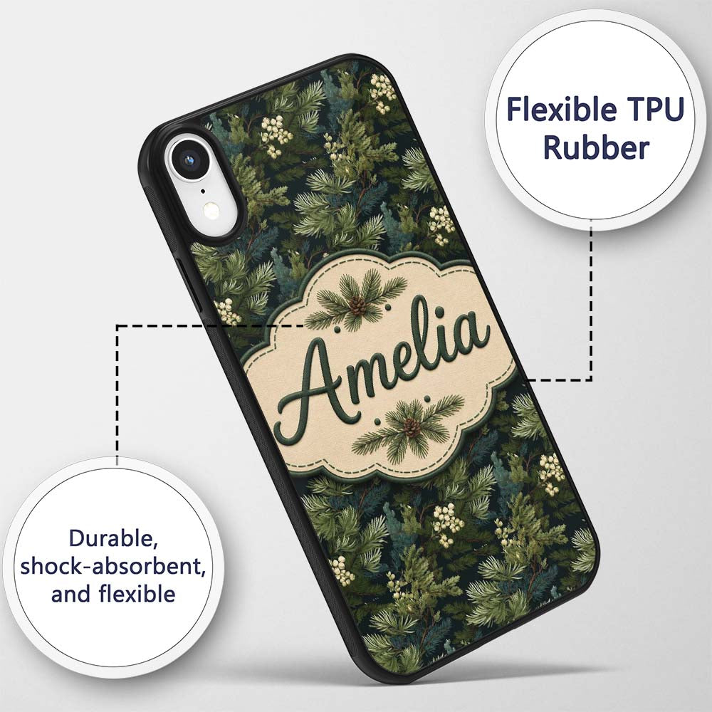 Small Pine Tree Repeat Pattern on Printed Design Custom Name Protective Phone Case Mobile Cover Durable Everyday Smartphone Shock Resistant