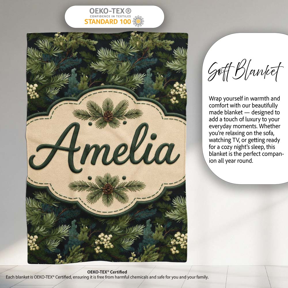 Small Pine Tree Repeat Pattern on Neutral Background Lovely Personalised Custom Name Super Soft Fleece Blanket Bed Sofa Throw