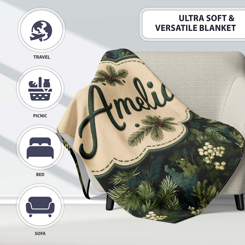 Small Pine Tree Repeat Pattern on Neutral Background Lovely Personalised Custom Name Super Soft Fleece Blanket Bed Sofa Throw