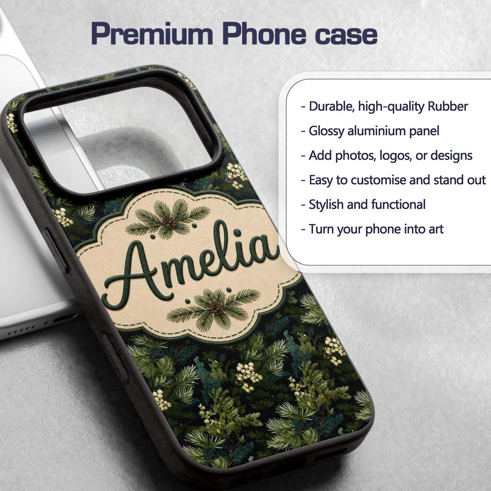 Small Pine Tree Repeat Pattern on Printed Design Custom Name Protective Phone Case Mobile Cover Durable Everyday Smartphone Shock Resistant
