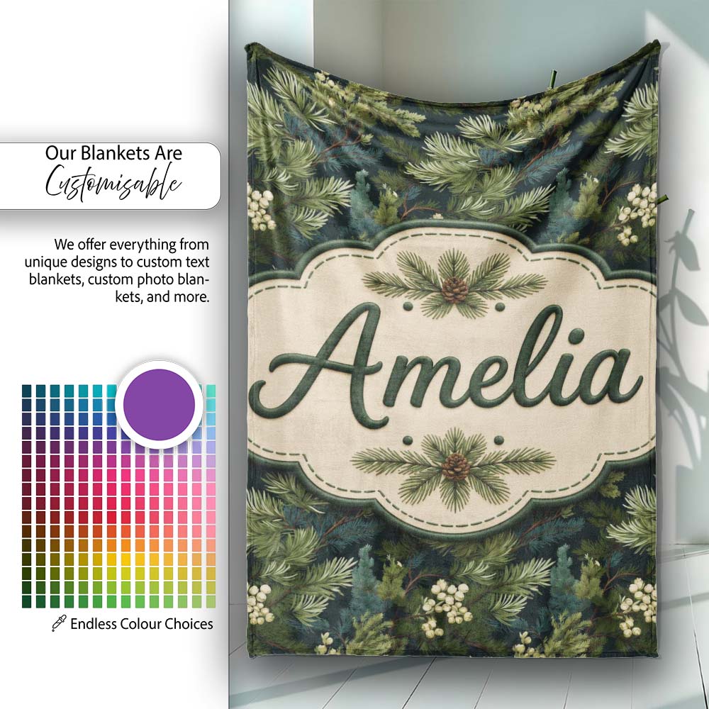 Small Pine Tree Repeat Pattern on Neutral Background Lovely Personalised Custom Name Super Soft Fleece Blanket Bed Sofa Throw