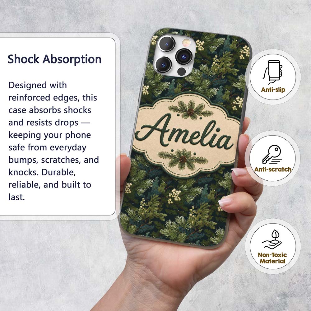 Small Pine Tree Repeat Pattern on Printed Design Custom Name Protective Phone Case Mobile Cover Durable Everyday Smartphone Shock Resistant