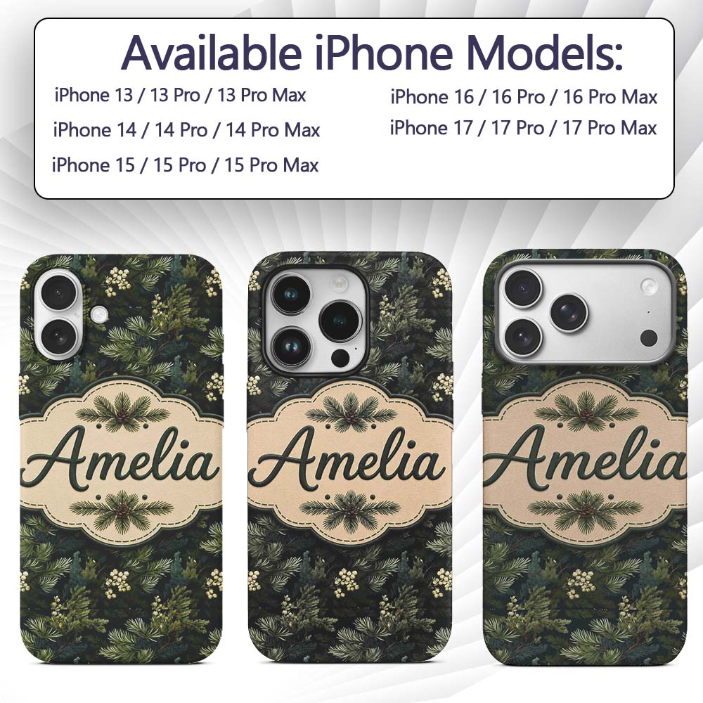 Small Pine Tree Repeat Pattern on Printed Design Custom Name Protective Phone Case Mobile Cover Durable Everyday Smartphone Shock Resistant