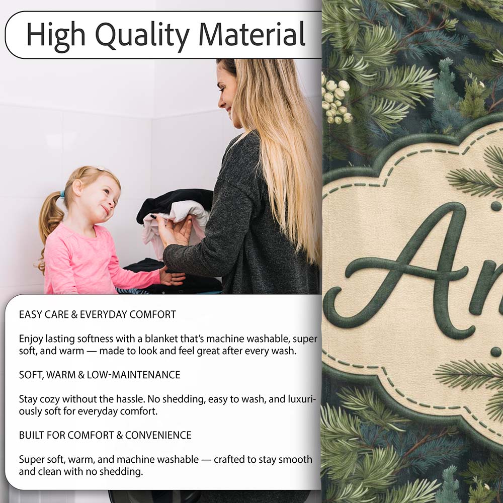 Small Pine Tree Repeat Pattern on Neutral Background Lovely Personalised Custom Name Super Soft Fleece Blanket Bed Sofa Throw