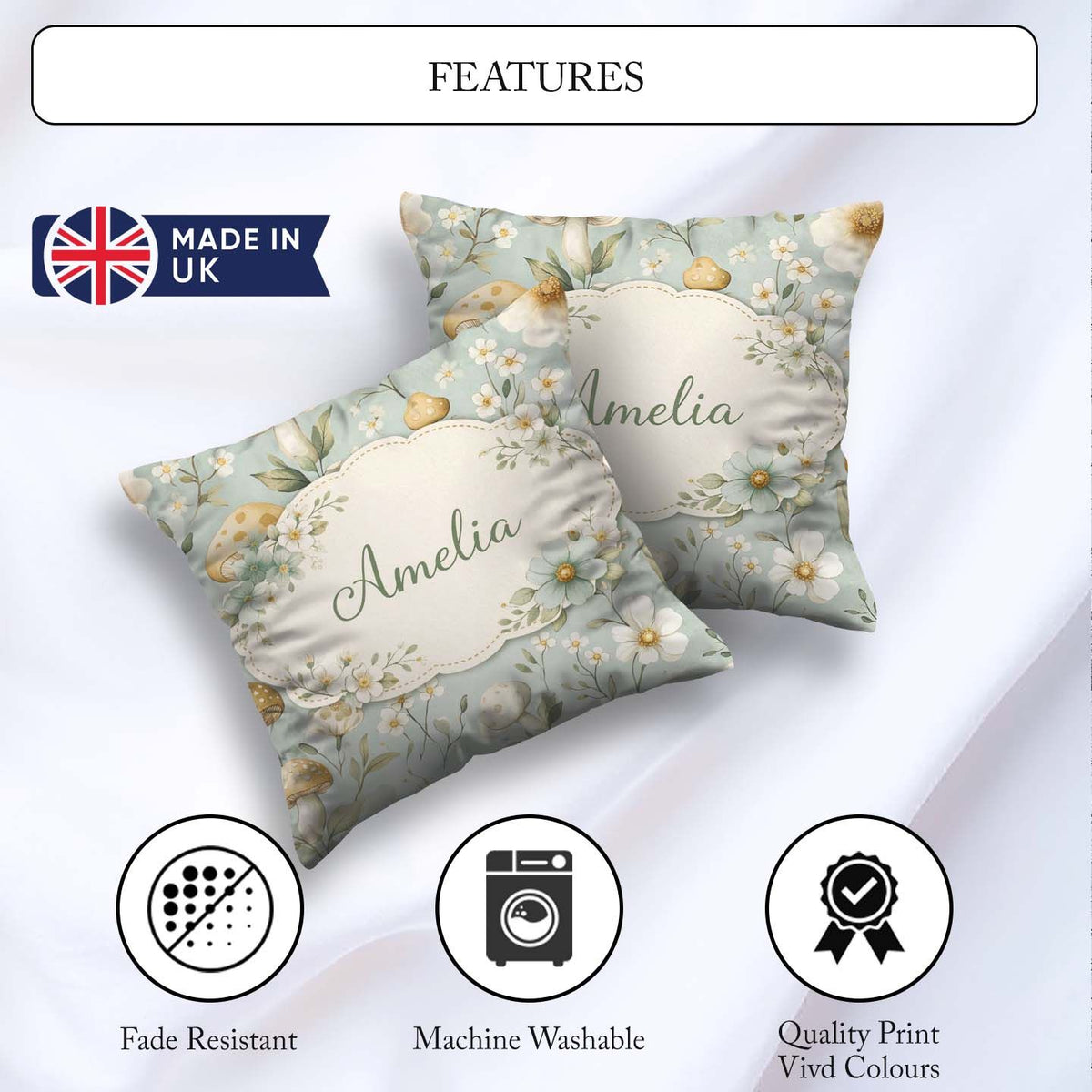 Custom Name Mushroom Botanical Seamless Pattern Cute Unique Gift Square Filled Cushion Throw Pillow Sofa Bed Home Decor Zip Washable UK Made