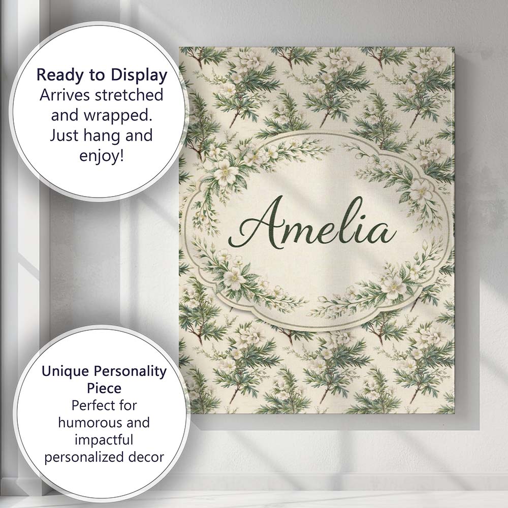 Personalised Name Pine Branch Pattern with Custom Unique Gift Idea Elegant Feature Canvas Wall Art Print Decor Picture Ready to Hang