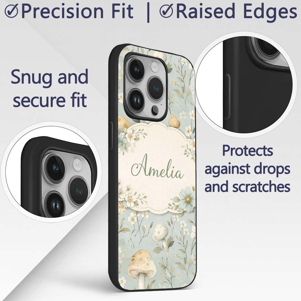 Mushroom Botanical Seamless Decorative Design Custom Name Protective Phone Case Mobile Cover Durable Everyday Smartphone Shock Resistant