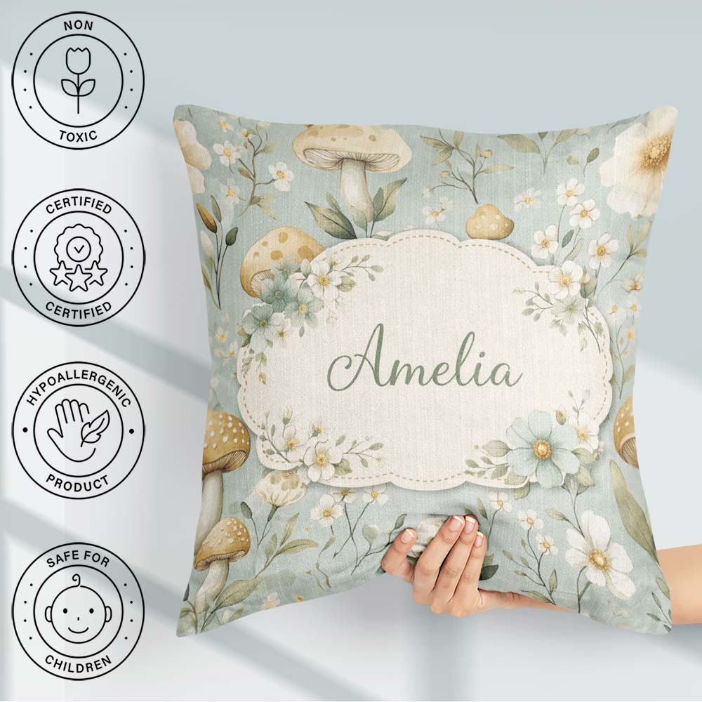 Custom Name Mushroom Botanical Seamless Pattern Cute Unique Gift Square Filled Cushion Throw Pillow Sofa Bed Home Decor Zip Washable UK Made