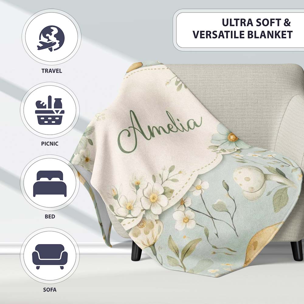 Mushroom Botanical Seamless Pattern Cute Unique Gift Lovely Personalised Custom Name Super Soft Fleece Blanket Bed Sofa Throw