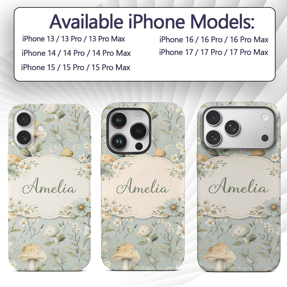 Mushroom Botanical Seamless Decorative Design Custom Name Protective Phone Case Mobile Cover Durable Everyday Smartphone Shock Resistant