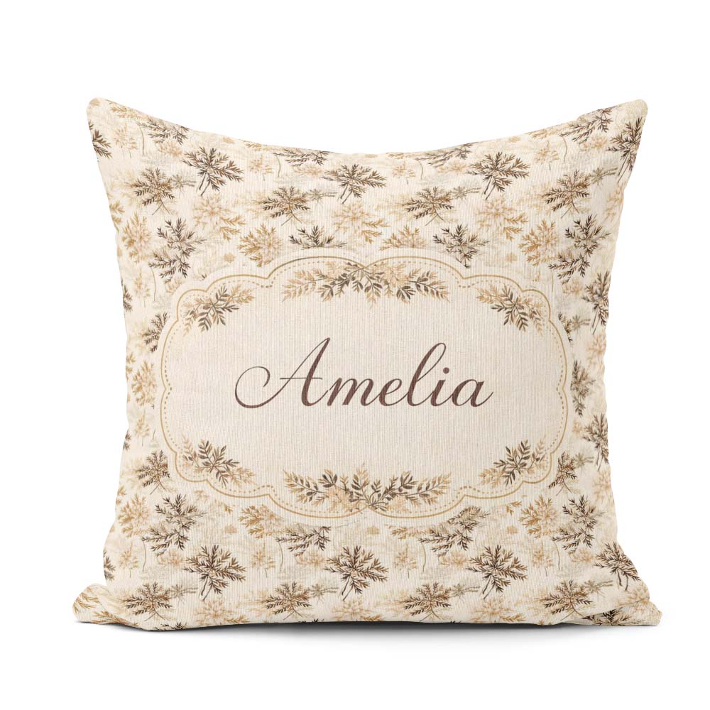 Custom Name Beige Floral Pattern with Delicate Leaves and Lovely Square Filled Cushion Throw Pillow Sofa Bed Home Decor Zip Washable UK Made