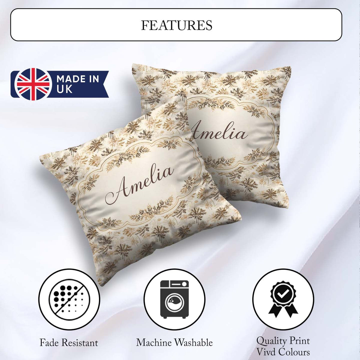 Custom Name Beige Floral Pattern with Delicate Leaves and Lovely Square Filled Cushion Throw Pillow Sofa Bed Home Decor Zip Washable UK Made