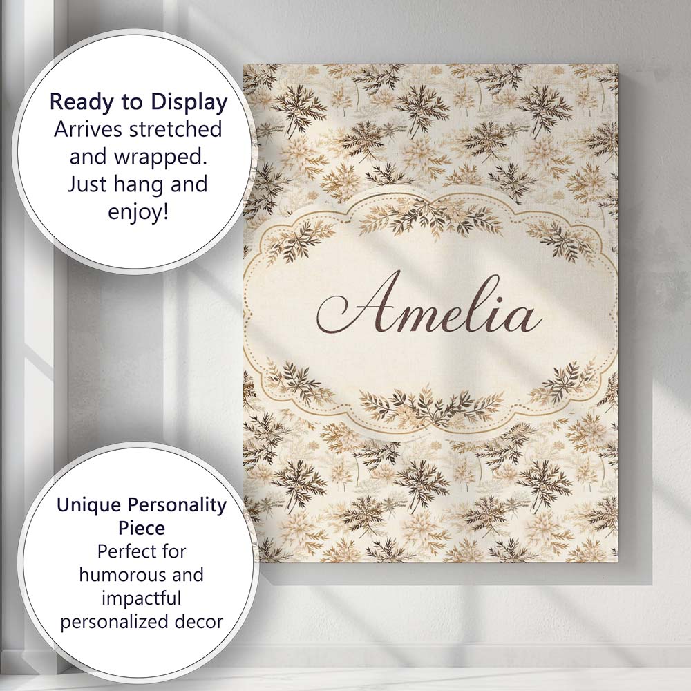 Personalised Name Beige Botanical Floral Custom Unique Gift Idea Elegant Feature Canvas Wall Art Print Decor Picture Ready to Hang