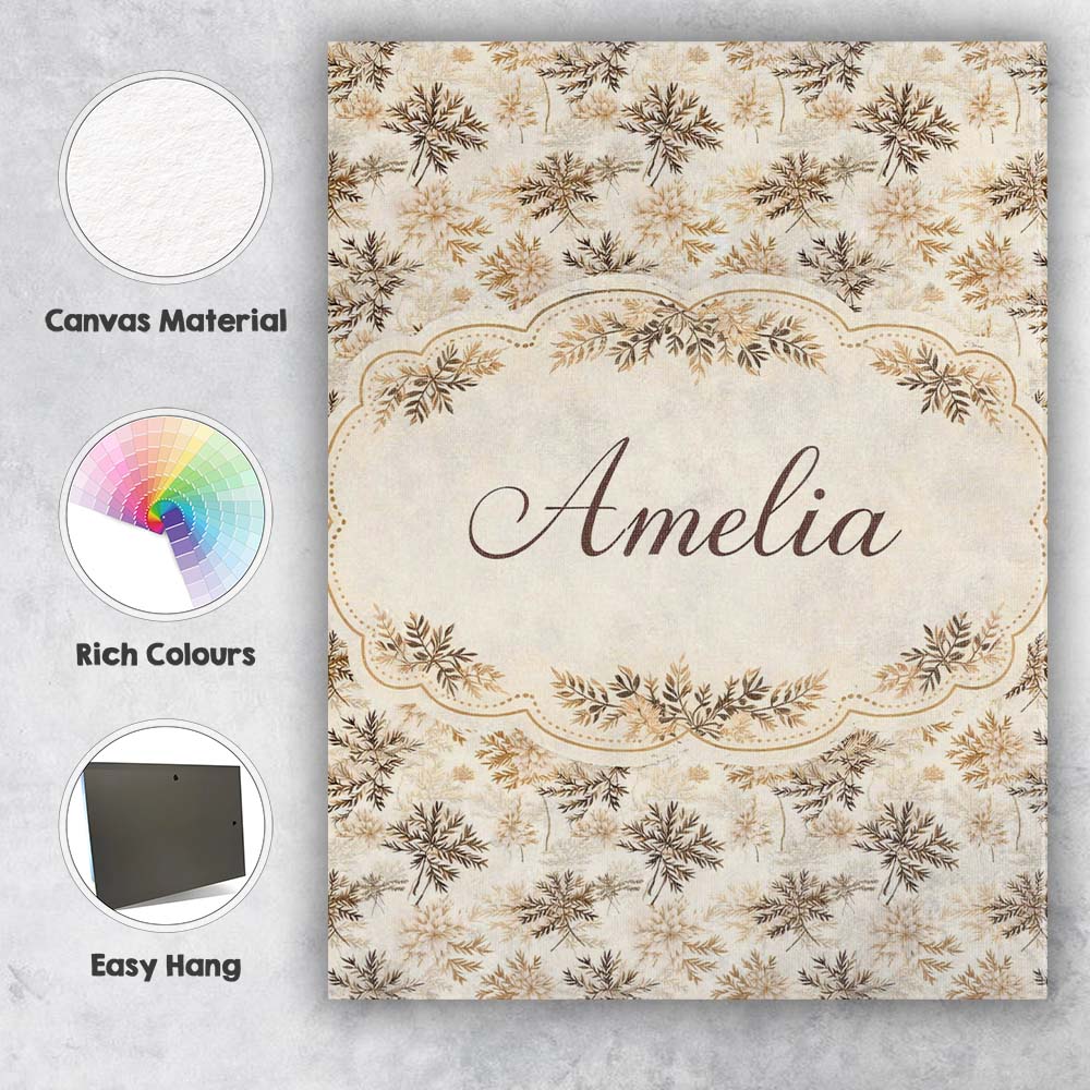 Personalised Name Beige Botanical Floral Custom Unique Gift Idea Elegant Feature Canvas Wall Art Print Decor Picture Ready to Hang