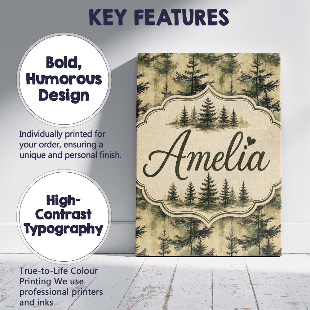 Personalised Name Watercolour Forest Pine Custom Unique Gift Idea Elegant Feature Canvas Wall Art Print Decor Picture Ready to Hang
