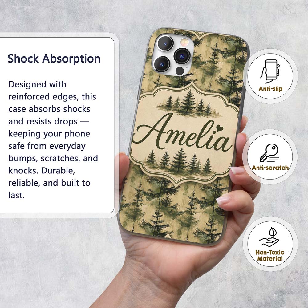 Watercolour Forest Pine Tree with Layered Green Custom Name Protective Phone Case Mobile Cover Durable Everyday Smartphone Shock Resistant