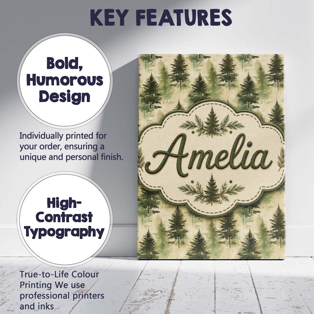 Personalised Name Soft Watercolour Evergreen Custom Bespoke Contemporary Display Canvas Wall Art Print Decor Picture Ready to Hang