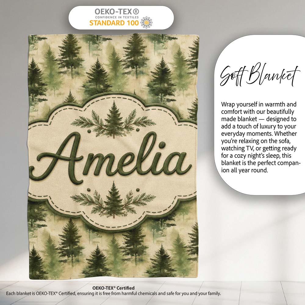 Soft Watercolour Evergreen Tree with Misty Forest Effect on Light Personalised Custom Name Super Soft Fleece Blanket Bed Sofa Throw