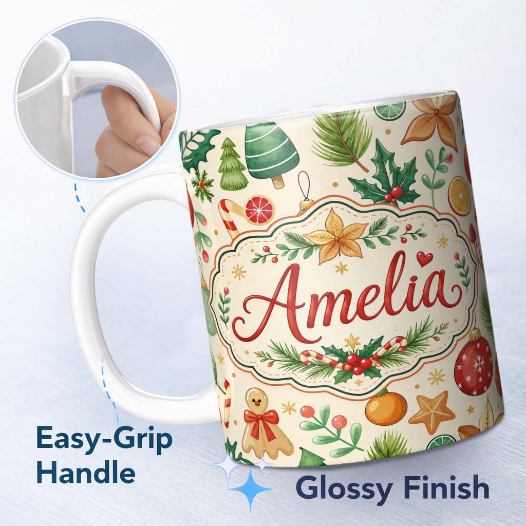 Personalized Custom Name Cute Christmas Ornaments Candy Cane Citrus Leaves Festive Seamless 11oz Ceramic Coffee Tea Mug White Large Handle