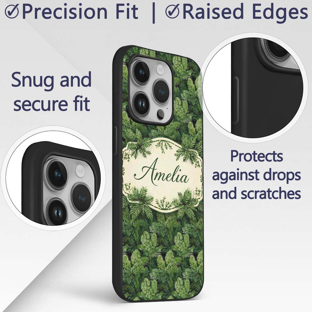 Lush Green Pine Needle with Detailed Evergreen Custom Name Protective Phone Case Mobile Cover Durable Everyday Smartphone Shock Resistant
