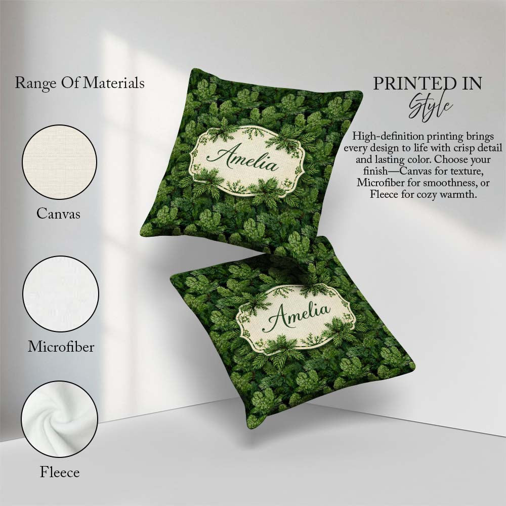 Custom Name Lush Pine Needle with Detailed Evergreen Branches on Square Filled Cushion Throw Pillow Sofa Bed Home Decor Zip Washable UK Made