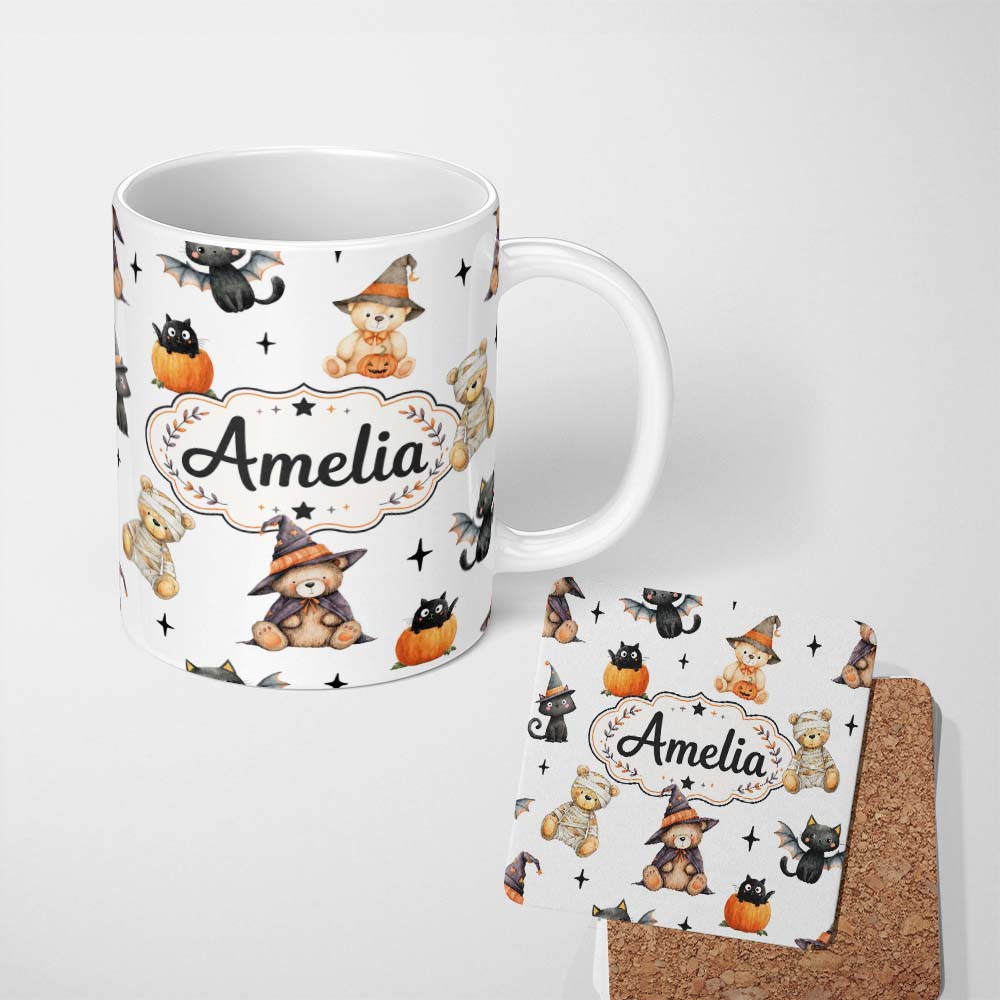 Personalized Custom Name Cute Halloween Teddy Bears Bats Pumpkin UK Seamless Pattern Name 11oz Ceramic Coffee Tea Mug White Large Handle