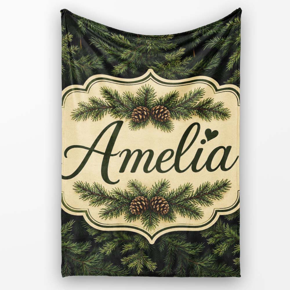 Dark Evergreen Fir Branch Pattern with Dense Foliage on Black Lovely Personalised Custom Name Super Soft Fleece Blanket Bed Sofa Throw