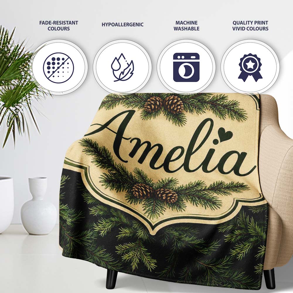 Dark Evergreen Fir Branch Pattern with Dense Foliage on Black Lovely Personalised Custom Name Super Soft Fleece Blanket Bed Sofa Throw