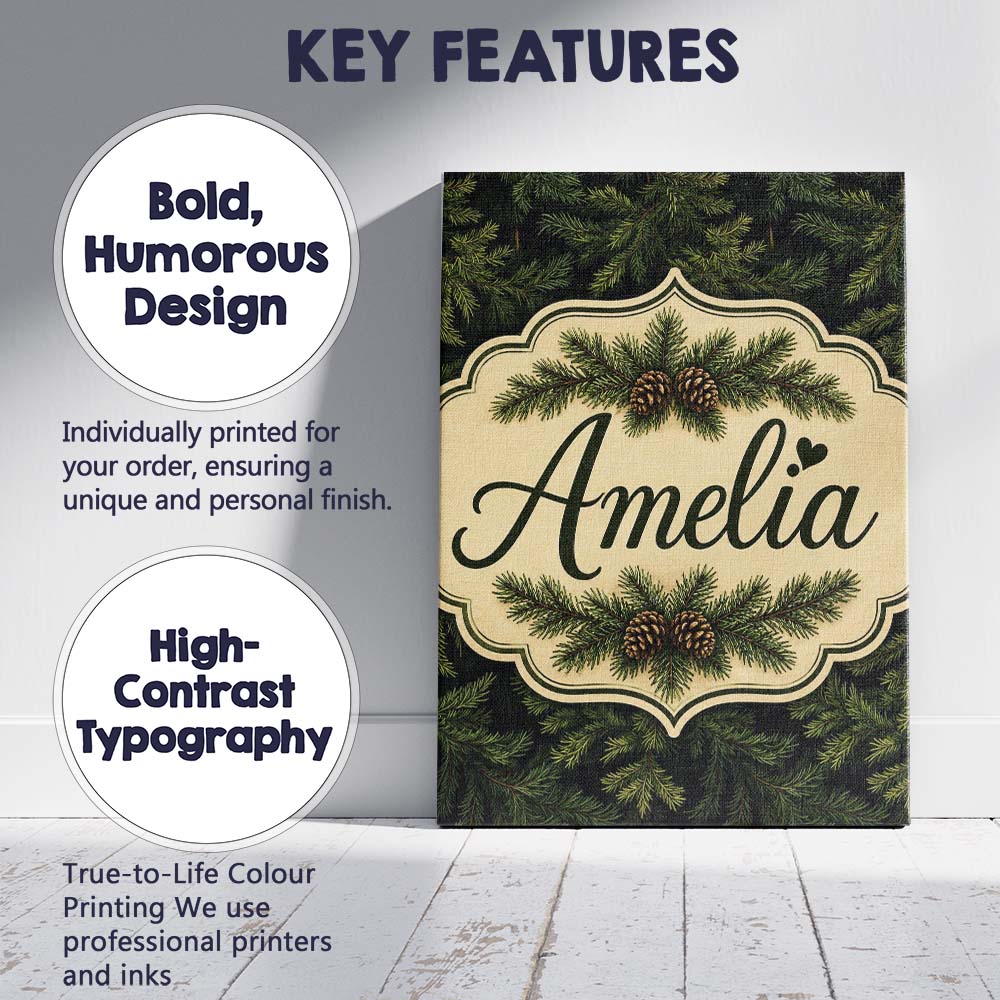 Personalised Name Dark Evergreen Fir Branch Custom Bespoke Interior Contemporary Canvas Wall Art Print Decor Picture Ready to Hang