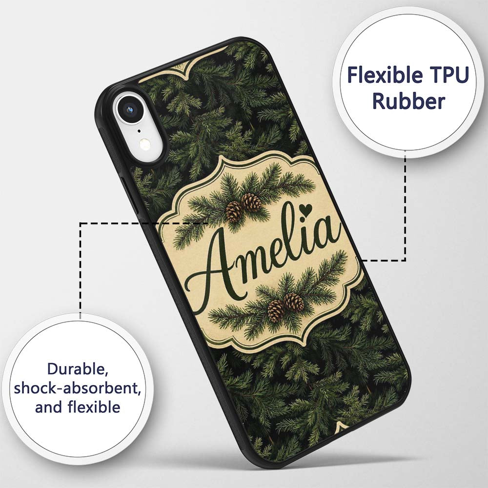 Dark Evergreen Fir Branch Pattern with Dense Custom Name Protective Phone Case Mobile Cover Durable Everyday Smartphone Shock Resistant