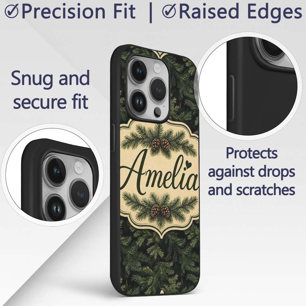 Dark Evergreen Fir Branch Pattern with Dense Custom Name Protective Phone Case Mobile Cover Durable Everyday Smartphone Shock Resistant