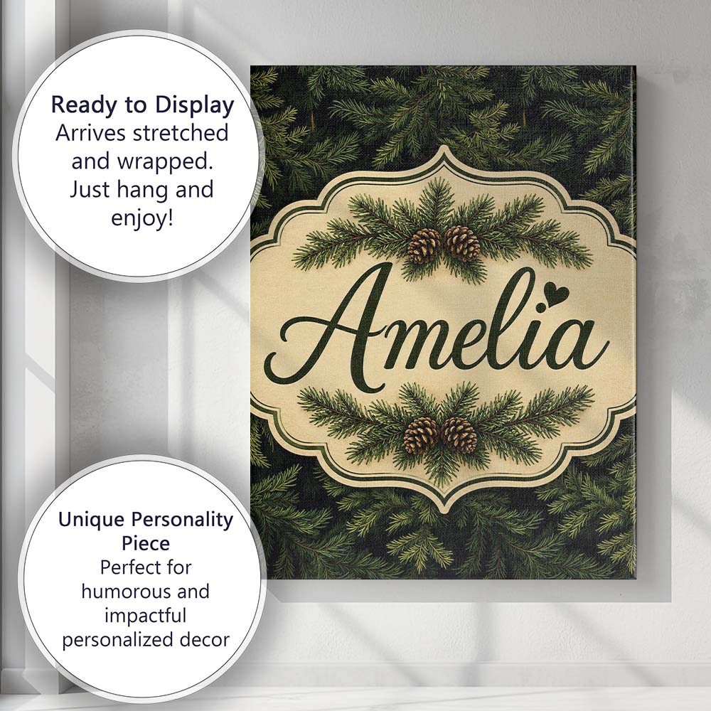 Personalised Name Dark Evergreen Fir Branch Custom Bespoke Interior Contemporary Canvas Wall Art Print Decor Picture Ready to Hang