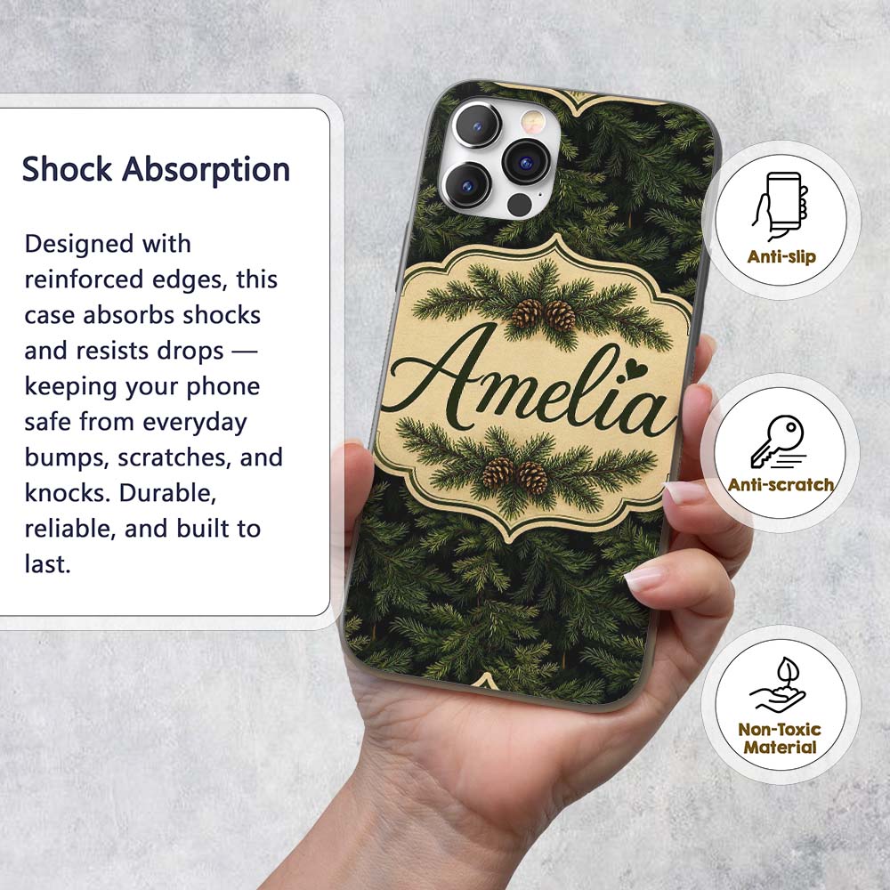 Dark Evergreen Fir Branch Pattern with Dense Custom Name Protective Phone Case Mobile Cover Durable Everyday Smartphone Shock Resistant