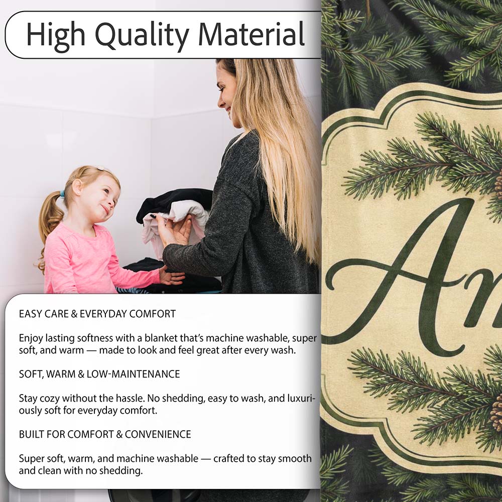 Dark Evergreen Fir Branch Pattern with Dense Foliage on Black Lovely Personalised Custom Name Super Soft Fleece Blanket Bed Sofa Throw