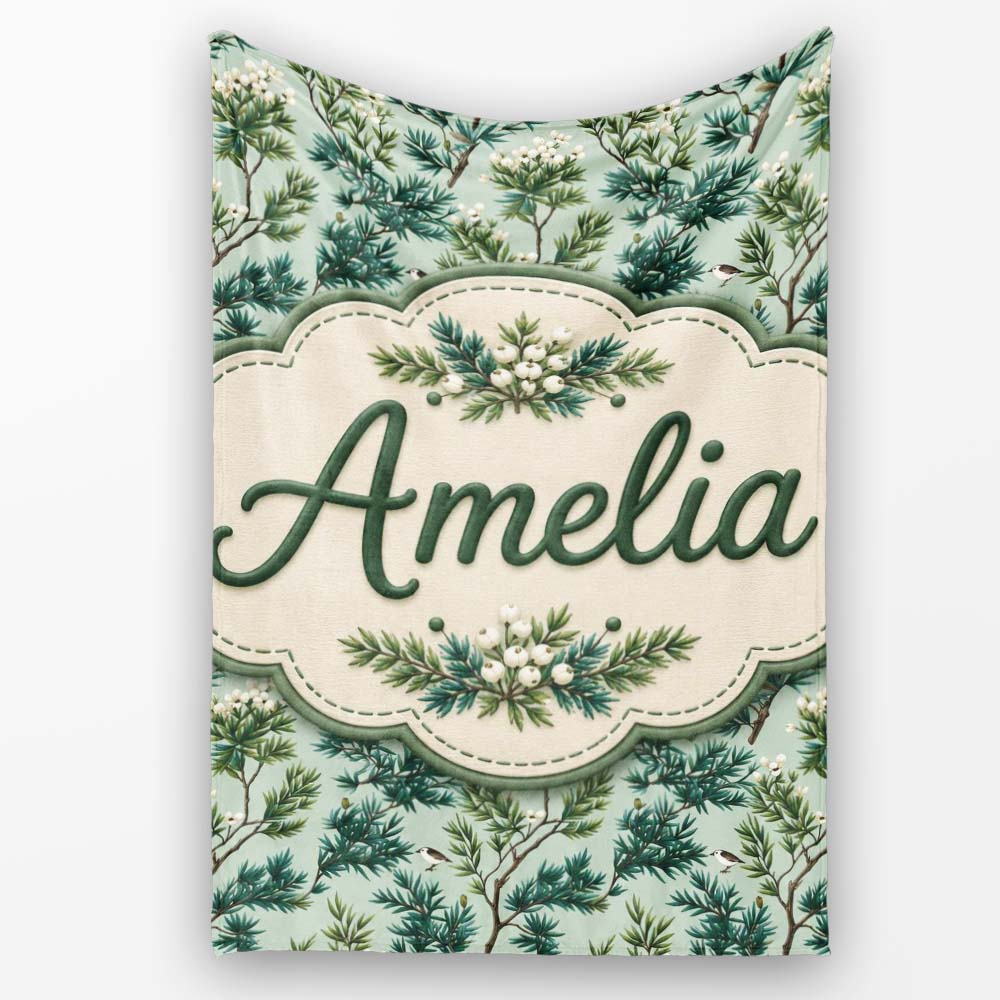 Botanical Pine Branch with White Blossoms and Birds on Soft Green Personalised Custom Name Super Soft Fleece Blanket Bed Sofa Throw