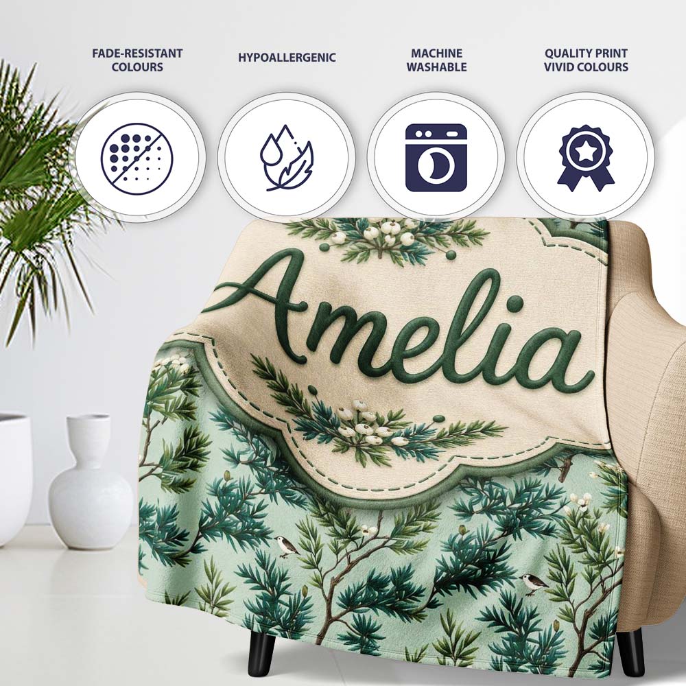 Botanical Pine Branch with White Blossoms and Birds on Soft Green Personalised Custom Name Super Soft Fleece Blanket Bed Sofa Throw